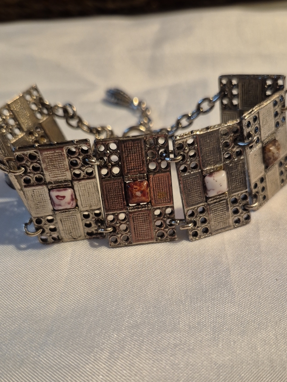 Source Unknown Silver-Tone Mosaic Link Bracelet with Brown and Cream Accents